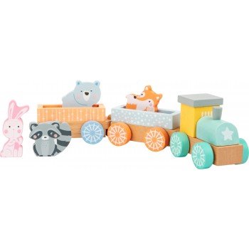 Trenulet de jucarie din lemn cu culori pastelate pentru copii +12 luni