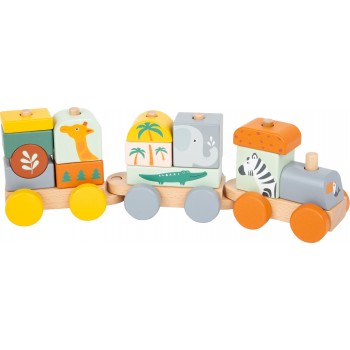 Tren puzzle din lemn Tren puzzle din lemn cu animale Safari pentru copii +12 luni
